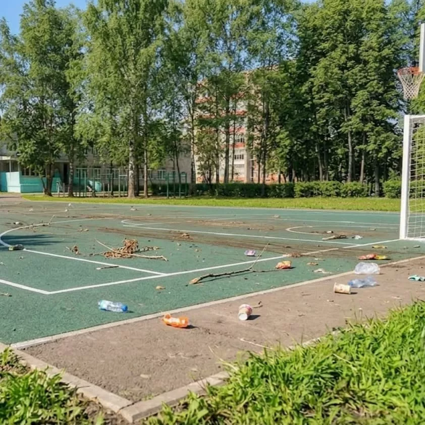 Заросшее спортивное поле школы с высокой травой до покоса