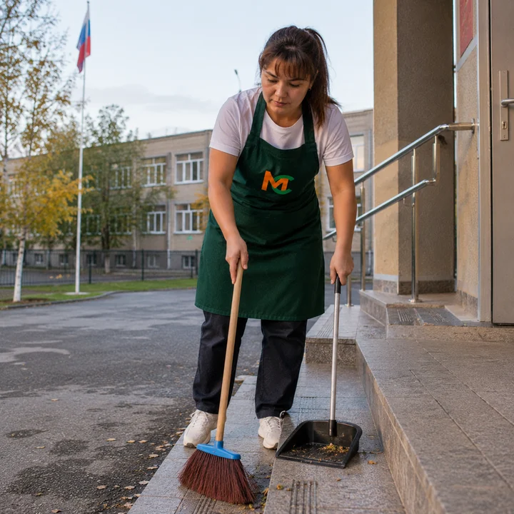 Уборка территории школы в&nbsp;Москве — сотрудник «Московского Клининга» за работой