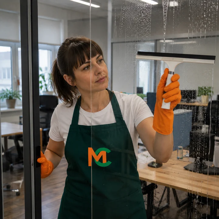 Мытьё стеклянных перегородок офиса в&nbsp;Москве — сотрудник «Московского Клининга» за работой