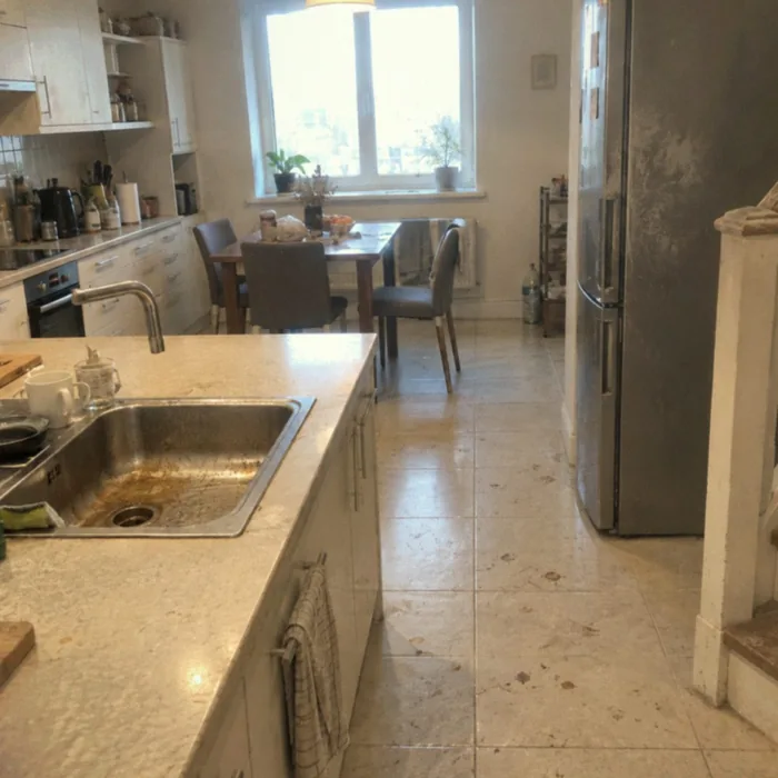 До: пыль на полках и разводы на полу кухни