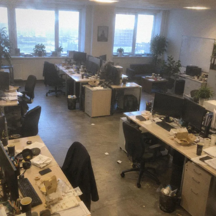 До уборки: коробки от еды, бумага и мусор после вечерней работы в open space