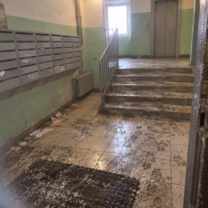 До уборки: грязная плитка и ступени в реагентах, листовки у почтовых ящиков